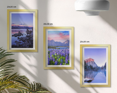 Set van ingelijste schilderijen Berglandschappen met water, lucht en een bloemenveld