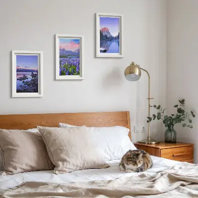 Set ingelijste schilderijen met berglandschappen, water, lucht en een bloemenveld