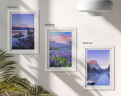 Set van ingelijste schilderijen Berglandschappen met water, lucht en een bloemenveld
