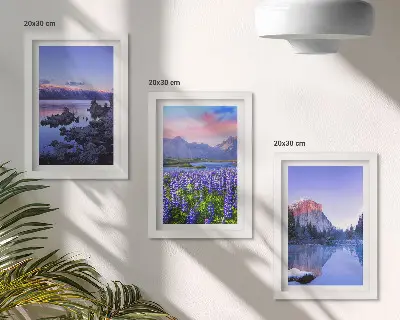 Set ingelijste schilderijen met berglandschappen, water, lucht en een bloemenveld
