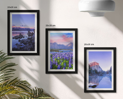 Set van ingelijste schilderijen Berglandschappen met water, lucht en een bloemenveld