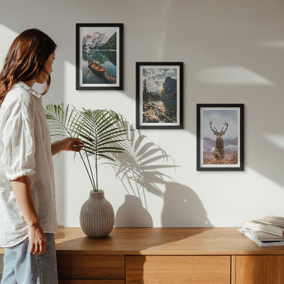 Gallery wall Boot op een bergmeer, zonsondergang, herten in de natuur