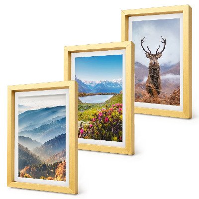 Set van ingelijste schilderijen Berglandschappen met een meer en herten in de natuur.