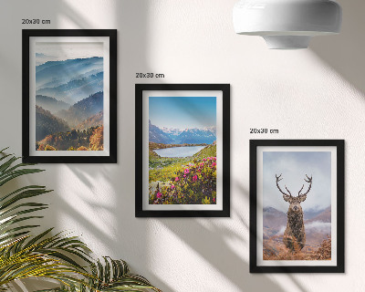 Set van ingelijste schilderijen Berglandschappen met een meer en herten in de natuur.