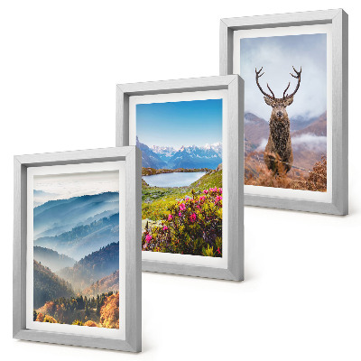 Set van ingelijste schilderijen Berglandschappen met een meer en herten in de natuur.