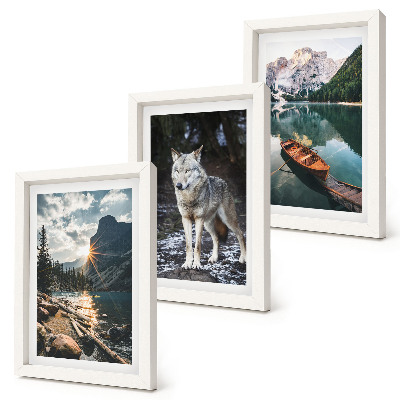 Gallery wall Bergen, meren en een wolf in een natuurlijke omgeving.