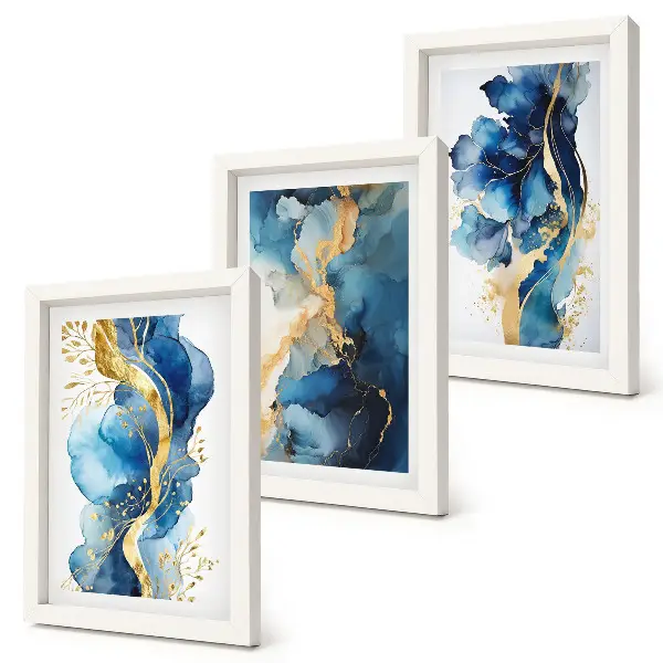 Set van ingelijste schilderijen met blauwe abstracte patronen en subtiele accenten