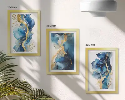 Set van ingelijste schilderijen met blauwe abstracte patronen en subtiele accenten
