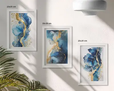 Set van ingelijste schilderijen met blauwe abstracte patronen en subtiele accenten