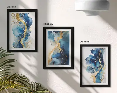 Set van ingelijste schilderijen met blauwe abstracte patronen en subtiele accenten
