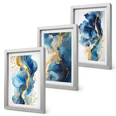 Set van ingelijste schilderijen met blauwe abstracte patronen en subtiele accenten