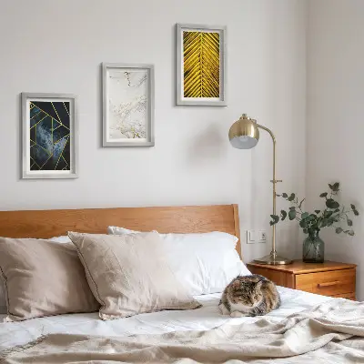 Set ingelijste schilderijen met moderne geometrische patronen en natuurlijke plantmotieven
