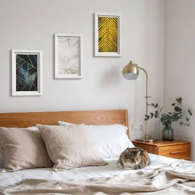Set ingelijste schilderijen met moderne geometrische patronen en natuurlijke plantmotieven