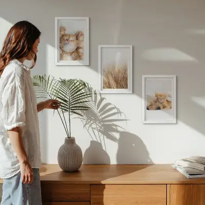Set ingelijste schilderijen met schattige katten en honden in een boho stijl met zacht gras