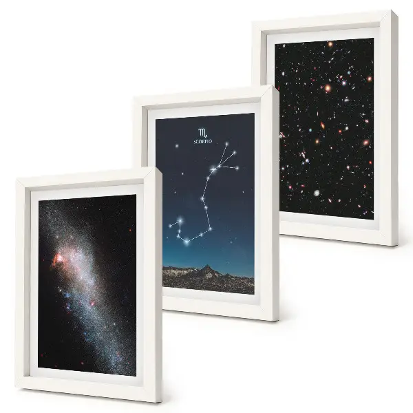 Gallery wall met kosmische landschappen van sterrenstelsels en het sterrenbeeld Schorpioen