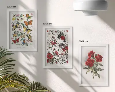Set van ingelijste schilderijen met vlinders, bloemen en rode rozen in klassieke stijl