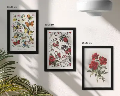 Set van ingelijste schilderijen met vlinders, bloemen en rode rozen in klassieke stijl
