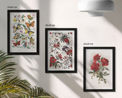 Set van ingelijste schilderijen Vlinders, bloemen en rode rozen in een klassieke stijl.