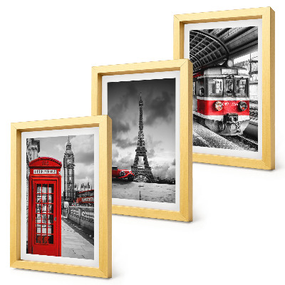 Set van ingelijste schilderijen Iconische steden Londen Parijs en spoorvervoer