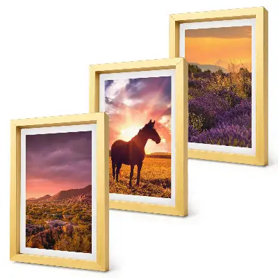 Set van ingelijste schilderijen met berglandschappen, paarden en lavendelvelden