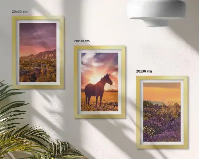 Set van ingelijste schilderijen met berglandschappen, paarden en lavendelvelden