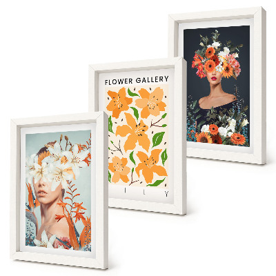 Gallery wall Bloemenportretten met kleurrijke boeketten en bladeren.