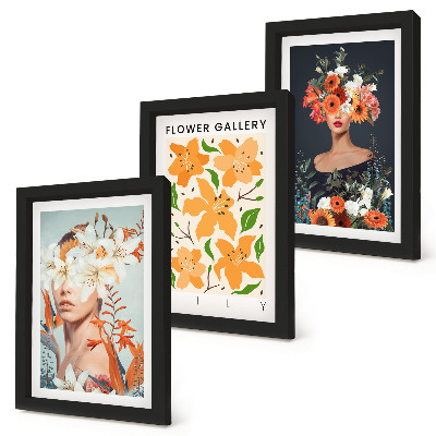 Gallery wall Bloemenportretten met kleurrijke boeketten en bladeren.