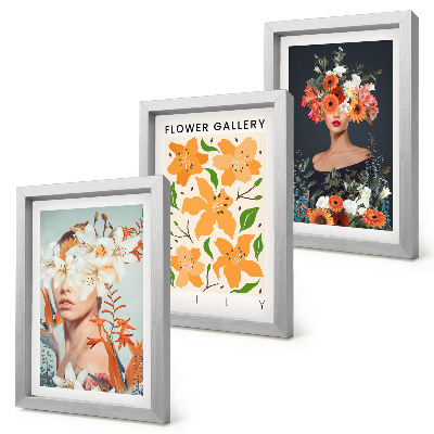 Gallery wall Bloemenportretten met kleurrijke boeketten en bladeren.