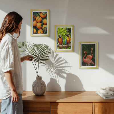 Set van ingelijste schilderijen Fruitige accenten met papegaaien en flamingo's in de tropen