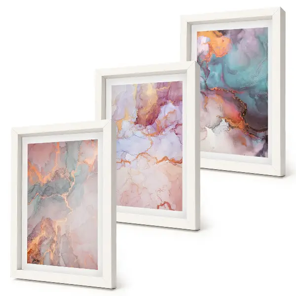 Set ingelijste schilderijen met abstracte patronen in pastelkleuren en accenten
