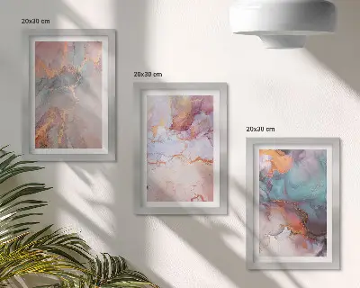 Set ingelijste schilderijen met abstracte patronen in pastelkleuren en accenten