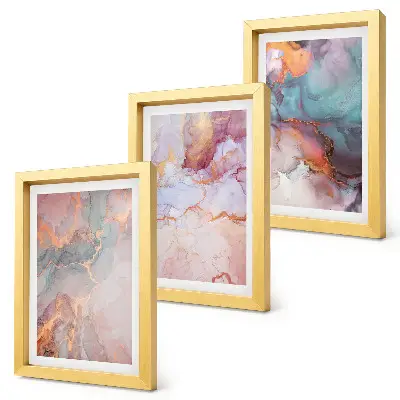 Set ingelijste schilderijen met abstracte patronen in pastelkleuren en accenten