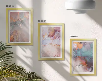 Set ingelijste schilderijen met abstracte patronen in pastelkleuren en accenten