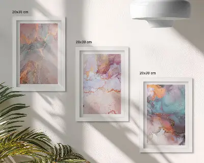 Set ingelijste schilderijen met abstracte patronen in pastelkleuren en accenten