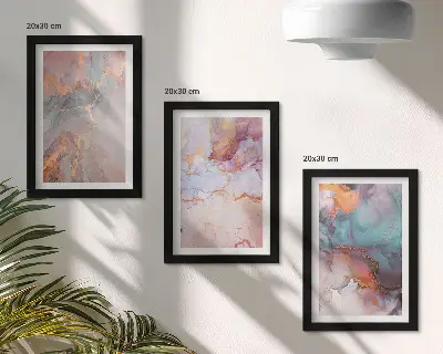 Set ingelijste schilderijen met abstracte patronen in pastelkleuren en accenten