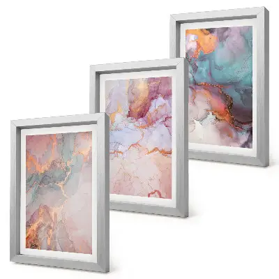 Set ingelijste schilderijen met abstracte patronen in pastelkleuren en accenten