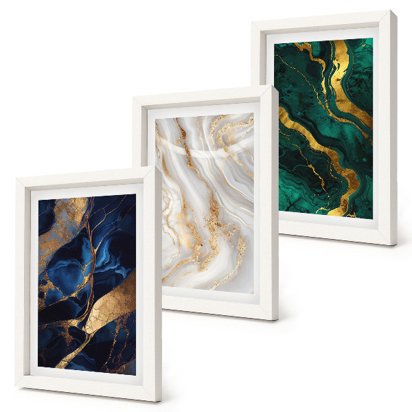 Gallery wall Abstracte patronen in blauwe en groene tinten.