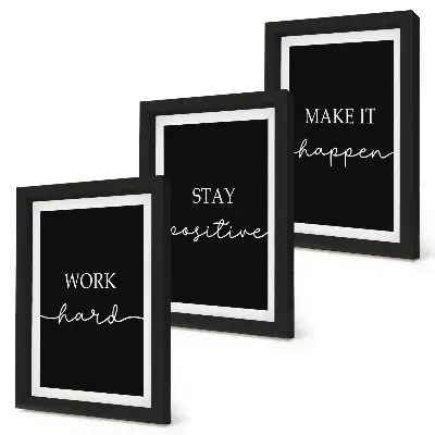Gallery wall set met elegante, motiverende slogans op een zwarte achtergrond