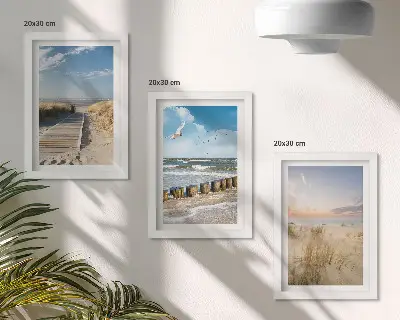 Gallery wall strand met zand, golven, lucht en vogels