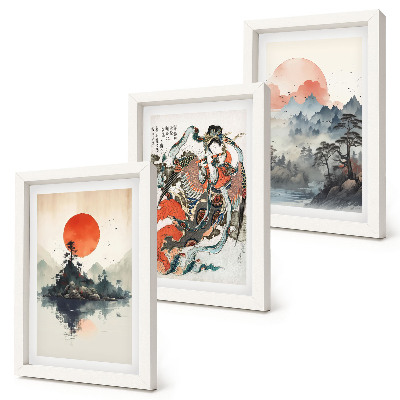 Set van ingelijste schilderijen Aziatische landschapsschilderijen en portretten in de Japandi-stijl.