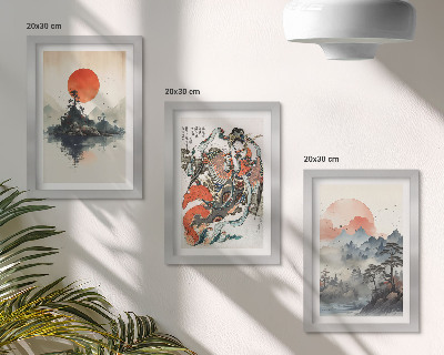 Set van ingelijste schilderijen Aziatische landschapsschilderijen en portretten in de Japandi-stijl.
