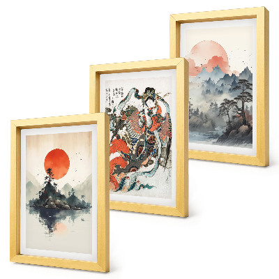 Set van ingelijste schilderijen Aziatische landschapsschilderijen en portretten in de Japandi-stijl.