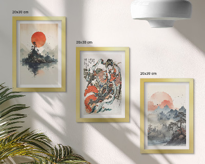Set van ingelijste schilderijen Aziatische landschapsschilderijen en portretten in de Japandi-stijl.