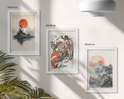 Set van ingelijste schilderijen Aziatische landschapsschilderijen en portretten in de Japandi-stijl.