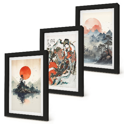 Set van ingelijste schilderijen Aziatische landschapsschilderijen en portretten in de Japandi-stijl.