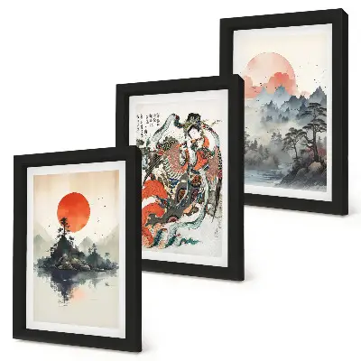 Set van ingelijste schilderijen met Aziatische landschappen en portretten in Japandi-stijl
