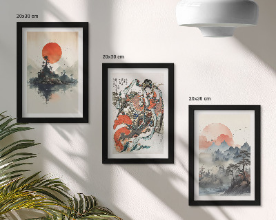Set van ingelijste schilderijen Aziatische landschapsschilderijen en portretten in de Japandi-stijl.