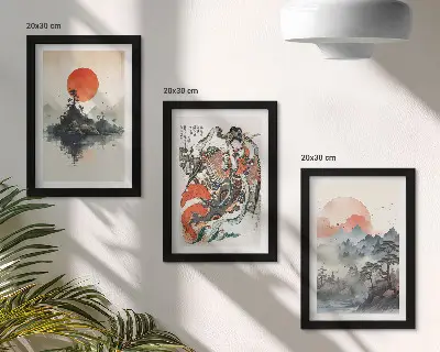 Set van ingelijste schilderijen met Aziatische landschappen en portretten in Japandi-stijl