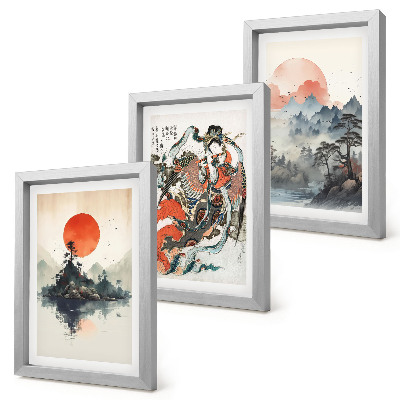 Set van ingelijste schilderijen Aziatische landschapsschilderijen en portretten in de Japandi-stijl.