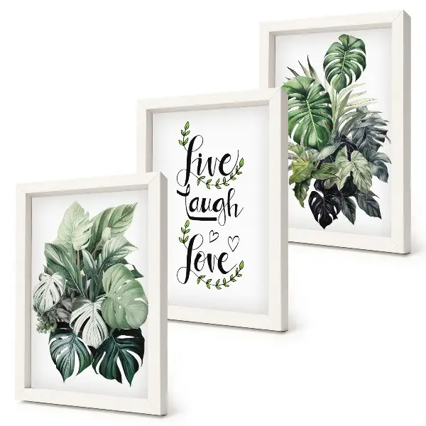 Set van ingelijste schilderijen met bladrijke planten en de tekst leven, lachen, liefde